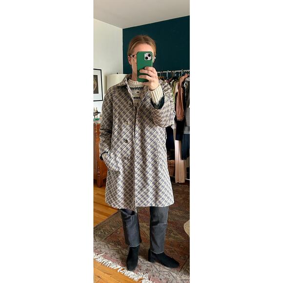 Vintage Patterned A-Line Coat Size Small, Blue and Beige | 60's Style Mod Coat - Picture 3 of 8